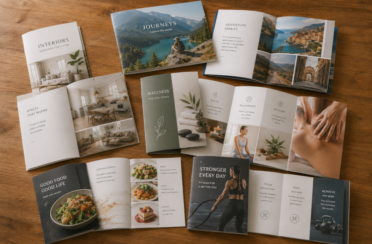 Brochures spread out on a table