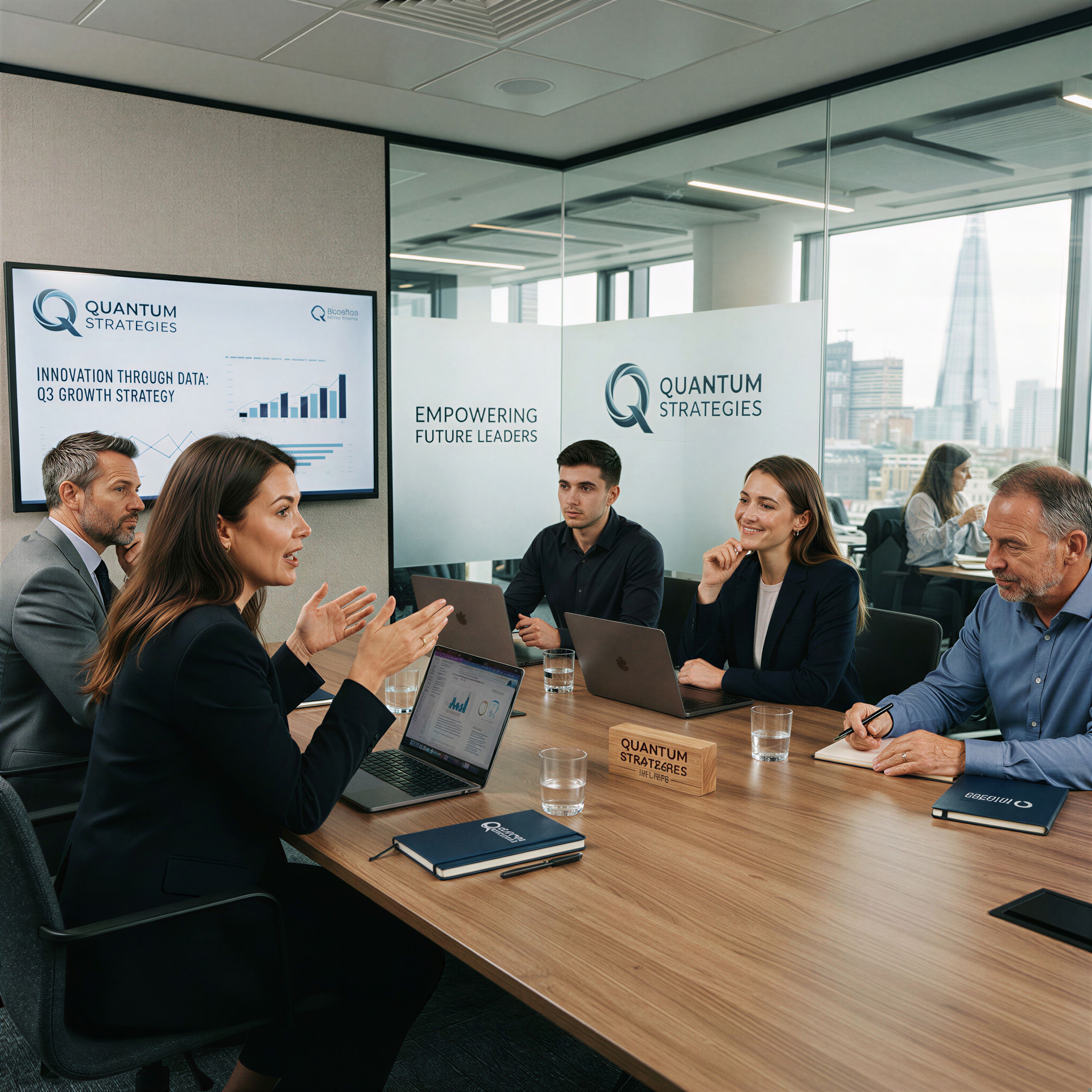 Corporate team meeting in a modern office with branded presentation graphics and signage
