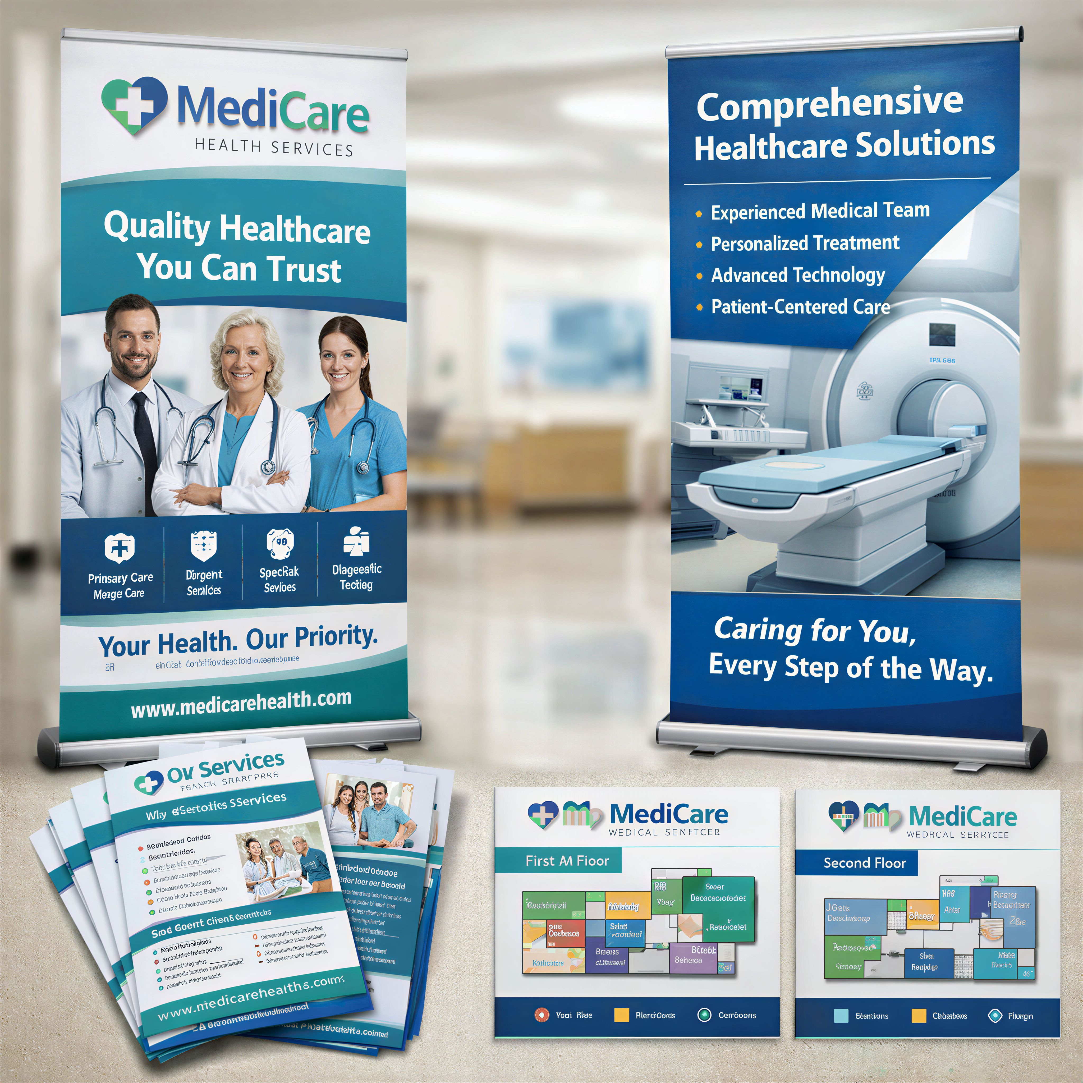 Healthcare marketing displays including branded roller banners, brochures and wayfinding signage