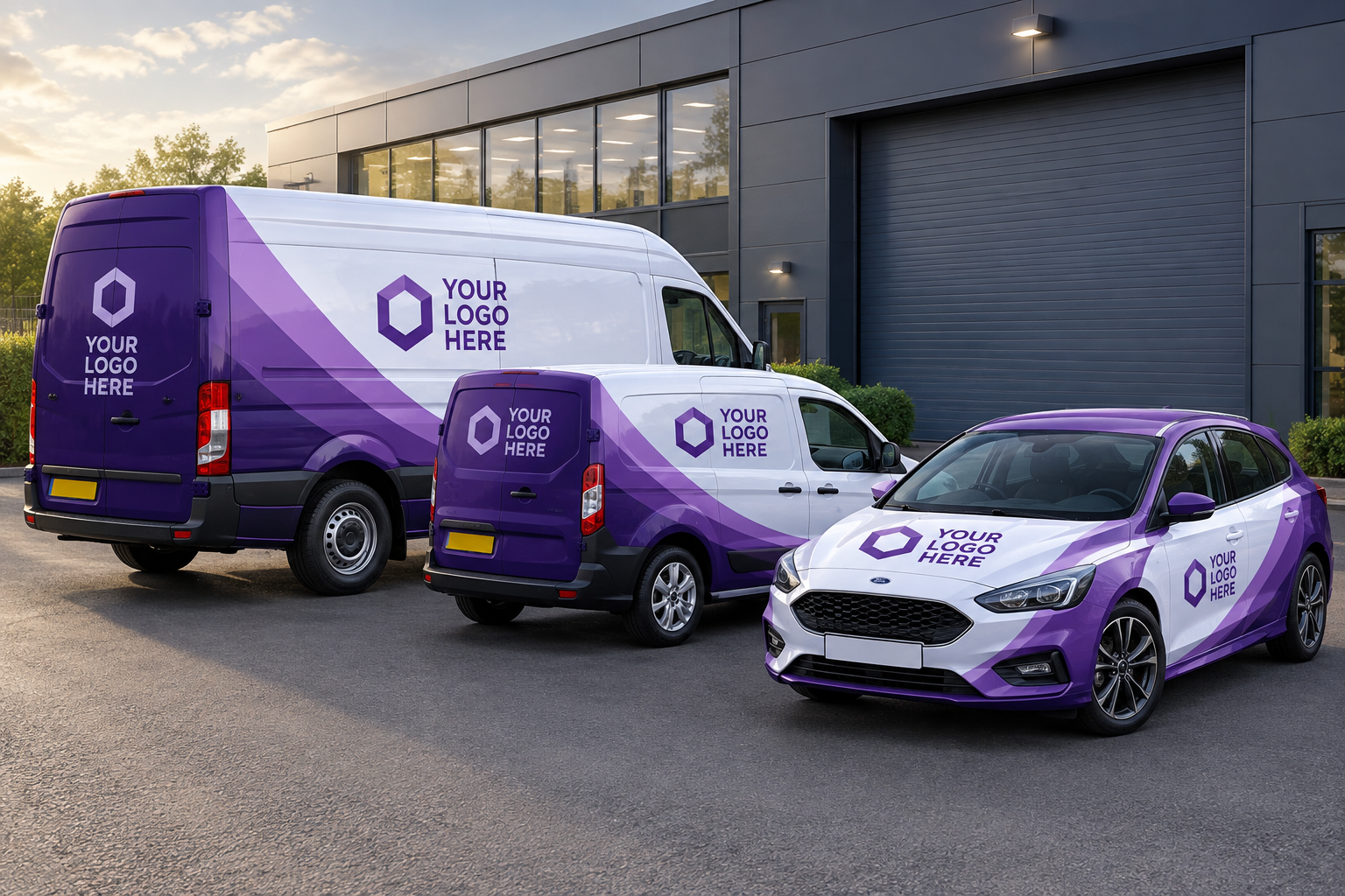 Branded company fleet with two vans and a car featuring matching purple and white vehicle graphics outside a commercial building