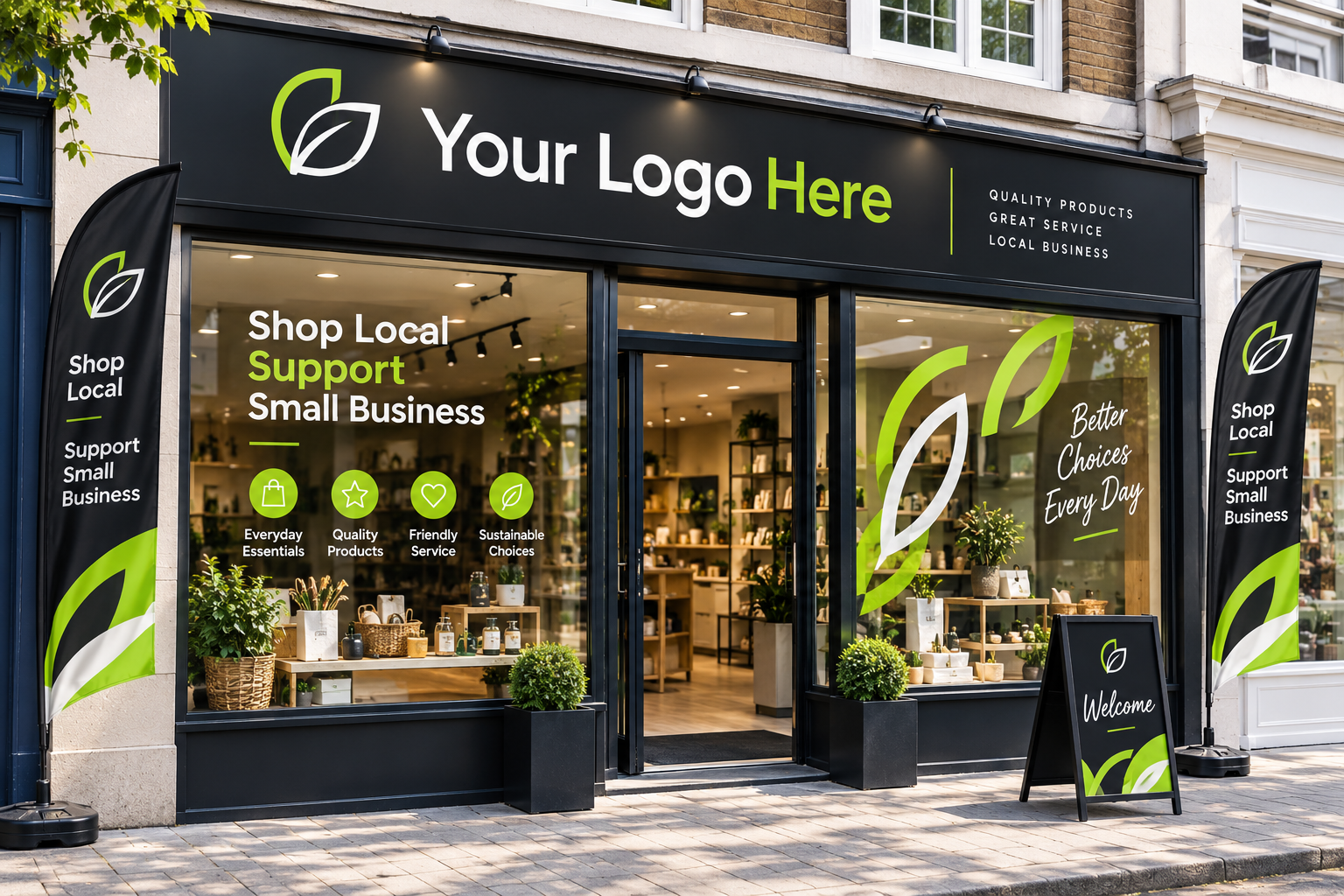 Branded retail shopfront with custom signage, window graphics and promotional flags.